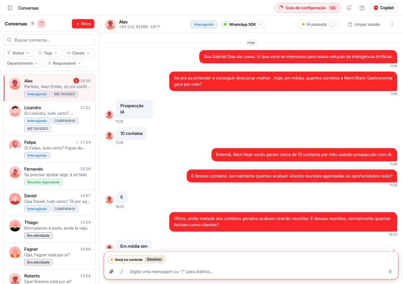 A IA atende, você assume quando quiser