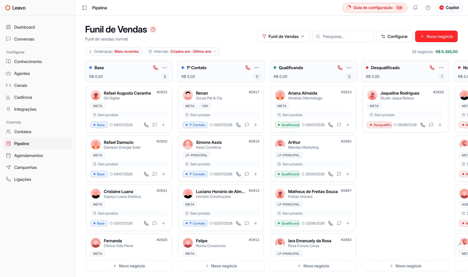Pipeline de vendas no CRM da Leavo